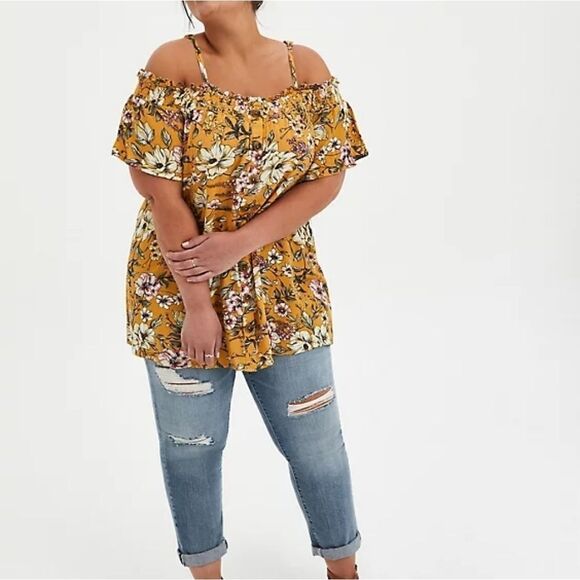 NWT TORRID TOP yellow floral Gauze smocked cold sh - Picture 3 of 6
